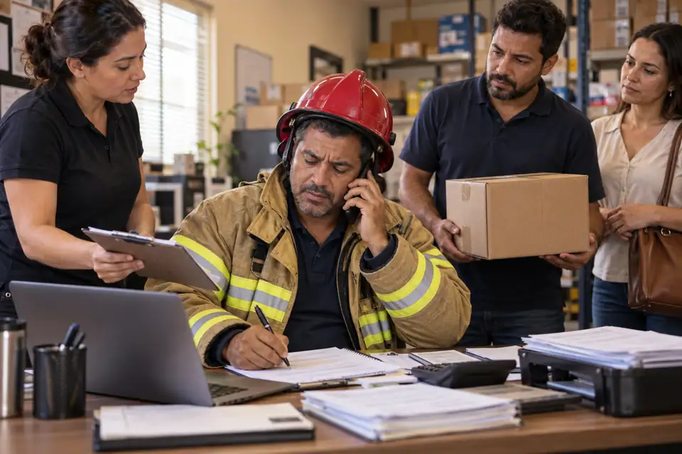 Dono de empresa com capacete e jaqueta de bombeiro, ao telefone e assinando papéis, cercado pela equipe esperando decisões