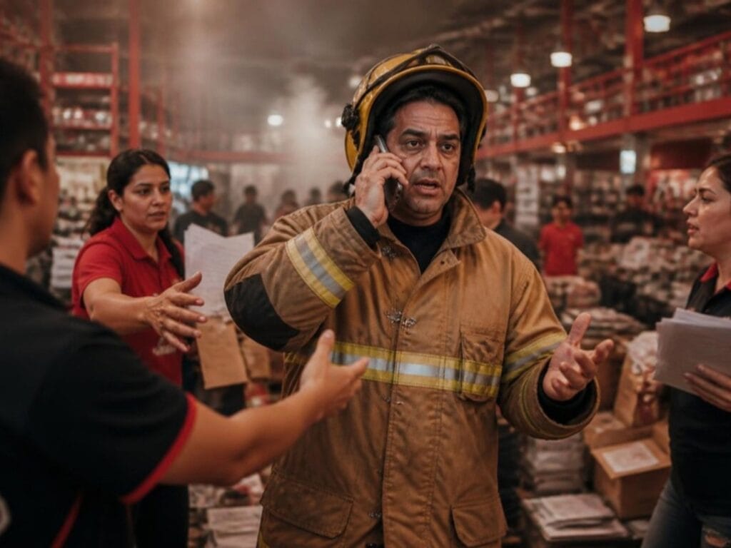 Gerente bombeiro: cansado, ao telefone, no meio da operação